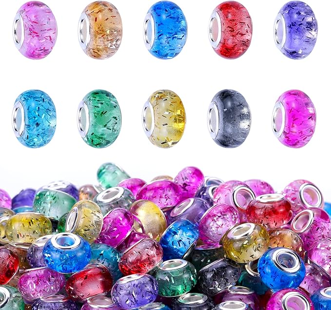 100 Pieces 14mm European Large Hole Spacer Beads Mix Color with Silver Brass Cores Assortments Charm Lampwork Beads Supplies for Necklace Bracelets Jewelry Making (Built-in Glitter Beads)