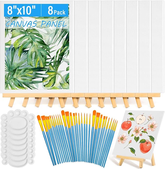 54 Pack Canvas with Easel Set 8 x 10 Inch Canvas Boards with Wooden Easels, Paint Brushes Canvas Panel Painting Kit for Acrylic Oil Watercolor Beginners Art Crafts Sip and Paint Party