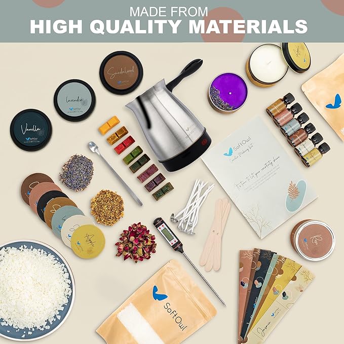 SoftOwl Premium Soy Candle Making Kit - Black Edition - Full Set with Electric Melter - Soy Wax, Big 16 Tins, 8 Pleasant Scents, 8x2 Color Dyes & More - Perfect as Home Decorations