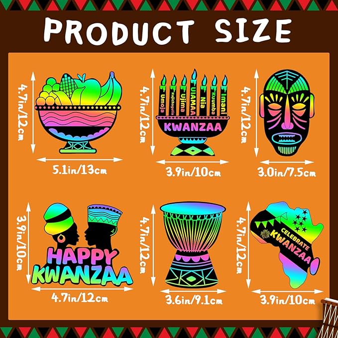 JULMELON 36 PCS Kwanzaa Crafts for Kids, Kwanzaa Magic Rainbow Scratch Art Paper Cards Kwanzaa Gifts for Students School Classroom Activities DIY Crafts Party Favors
