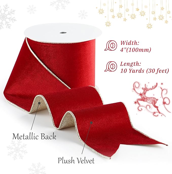 Red Velvet Wired Ribbon with Glitter Back 4 Inch Red and Gold Christmas Ribbon Wired Ribbon for Christmas Tree, Gift Wrapping, Mantel, Wreaths Supplies, Topper Bows (10 Yards)