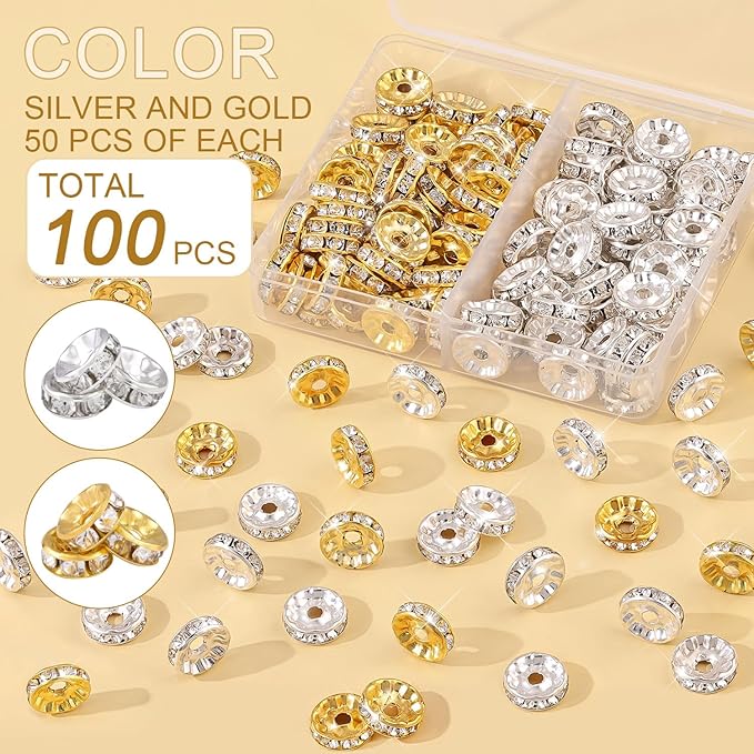 100 pcs 10mm Spacer Beads for Crafting, Silver and Gold Rondelle Beads Bulk, Fancy Sparkle Crystal Rhinestone Spacer Beads for Necklace Bracelet Earring Jewelry Making and Pens DIY