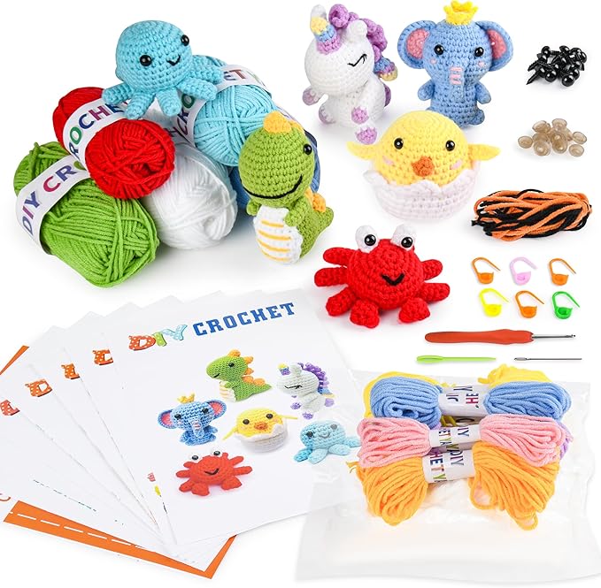 MINGOMINGO Crochet Kit for Beginners - 6 Pack Animals Amigurumi, Craft Knitting Crochet Starter Kits with Step-by-Step Video Tutorials - Animals Knitting Kit (40%+ Yarn)