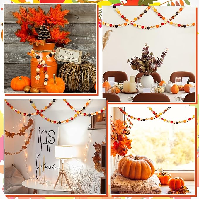 Huwena 200 Pieces Thanksgiving Wooden Beads Buffalo Plaid Wood Fall Beads Turkey Pumpkin Maple Leaf Wooden Bead Natural Round Spacer Bead for DIY Crafts Decor