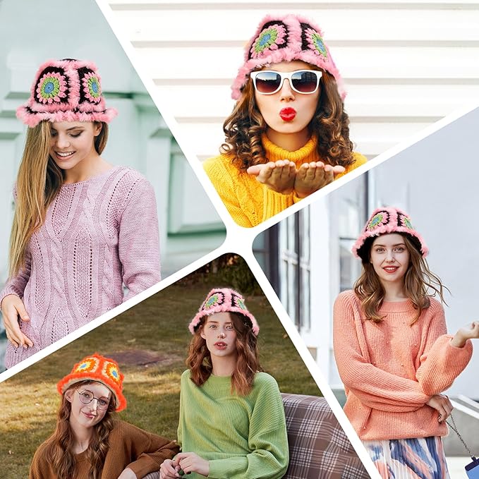 Noocro Crochet Kit for Beginners or Intermediate Level, Fuzzy Granny Square Bucket Hat, Step by Step Video Tutorial, Detailed Instruction Complete Kit Craft Supplies Holiday Gift (Black Pink)