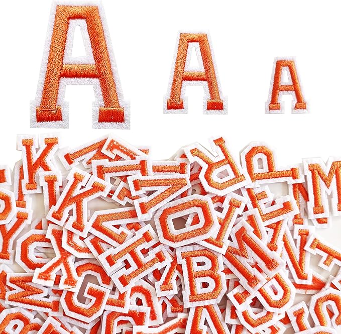 1.3 inch Iron on Letter Patches 78 Pieces, A-Z Embroidered Alphabet Patches for Clothing Jackets Hats Backpacks Jeans Orange