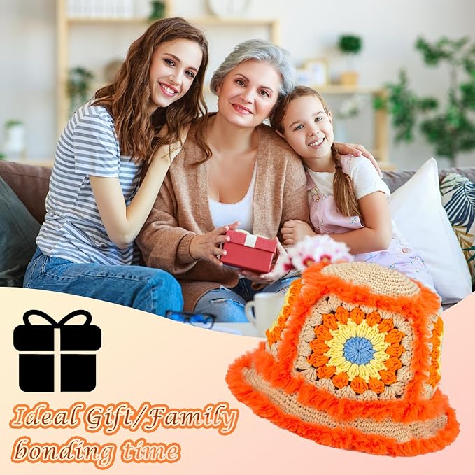 Noocro Crochet Kit for Beginners or Intermediate Level, Fuzzy Granny Square Bucket Hat, Step by Step Video Tutorial, Detailed Instruction Complete Kit Craft Supplies Holiday Gift