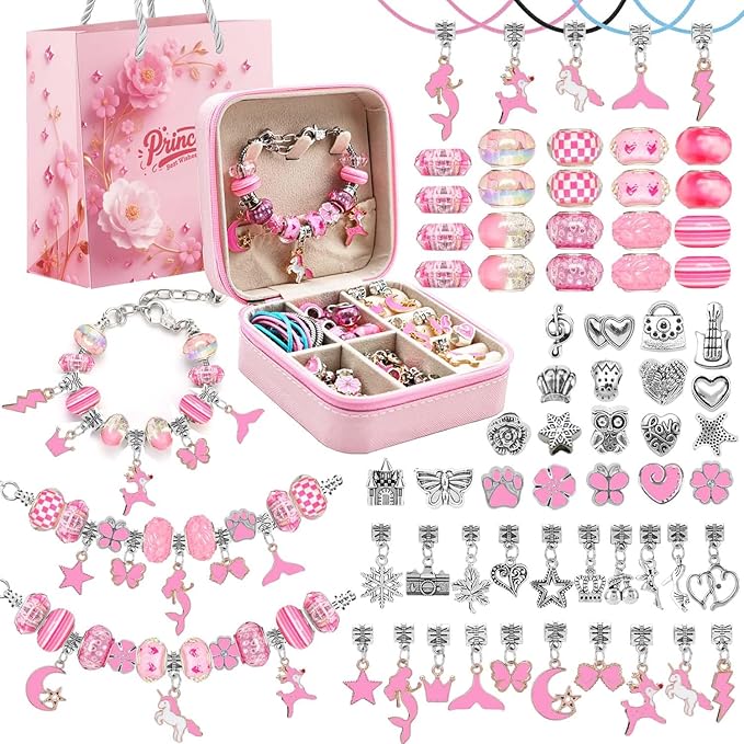 ONADEBY DIY Bracelet Kit with Beads & Charms - Friendship Jewelry Making Kit, A Perfect Birthday and Christmas Craft Gifts with Box Bag Packing (Pink)