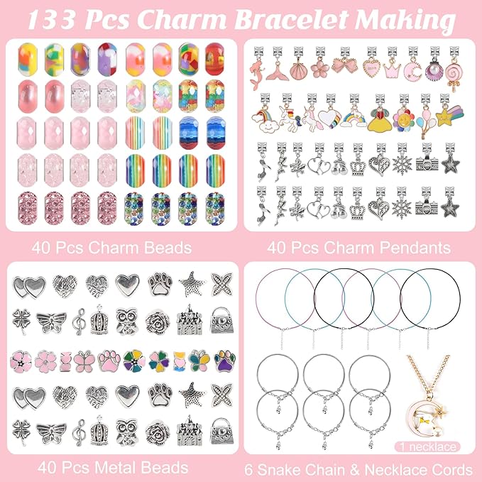 YJK Charm Bracelet Making Kit for Girls, for Aged 5 6 7 8 9 10 11 12 Year Old Girl Birthday Gift Ideas! Jewelry Making Kit for Girls 8-12, Bracelet Charms for Bracelet Making, Charm Necklace Kit