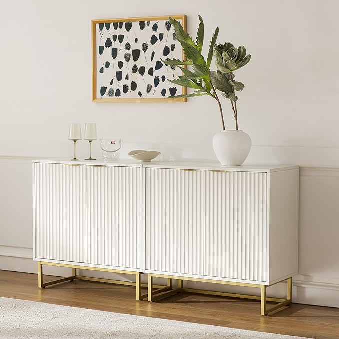 Fluted Storage Cabinet,Sideboard Buffet Cabinet with Adjustable Shelves,Multifunctional Console Table with Storage Credenza Accent Cabinet for Living Room, Dining Room, Hallway, White