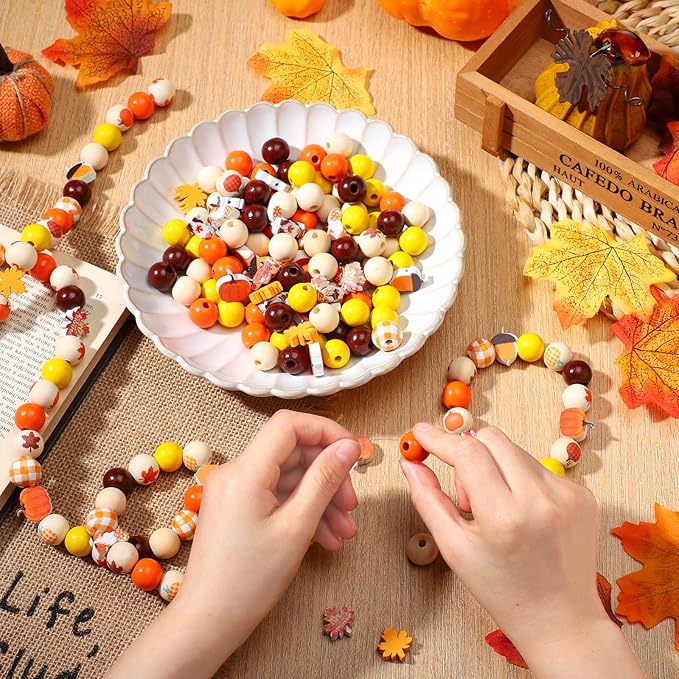 Huwena 200 Pcs Fall Wooden Beads Autumn Pumpkin Maple Leaf Colorful Round Loose Spacer Thanksgiving Beads Wood Bead Colorful Craft for DIY Craft Making Bracelet Necklace Home Decor