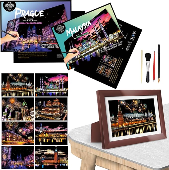 Scratch Art Paper for Adults Foil Art - Colorful City Series, Scratch Painting for Adults/Teens, Scratch and Sketch Craft Gift | Foil Engraving Scratch Art Adult (Set 2)