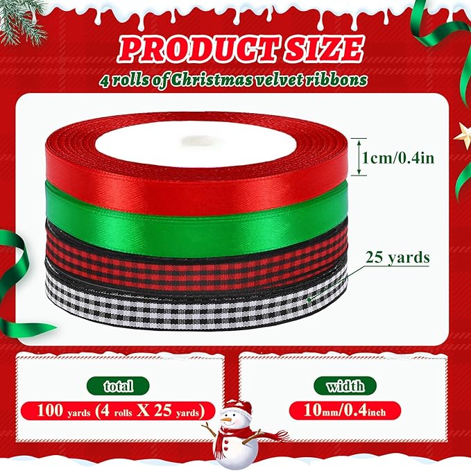 DECYOOL 4 Rolls 100 Yards Christmas Satin Ribbons 10mm Wide Holiday Craft Ribbons for Gift Wrapping and Xmas Decoration, Red & Green & Red Black Plaid & Black White Plaid