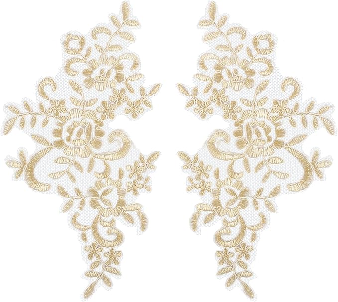 AUEAR, 2 Pack Champagne Gold Flower Lace Applique Patches Sew on Appliques for Wedding Home Decoration