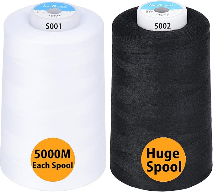 Simthread All Purpose Sewing Thread from 100% Spun Polyester for Serger, Overlock, Merrow, Quilting Sewing 4 Big Cones of 5000M (5500 Yards) Each - 40S/2 1White + 1Black
