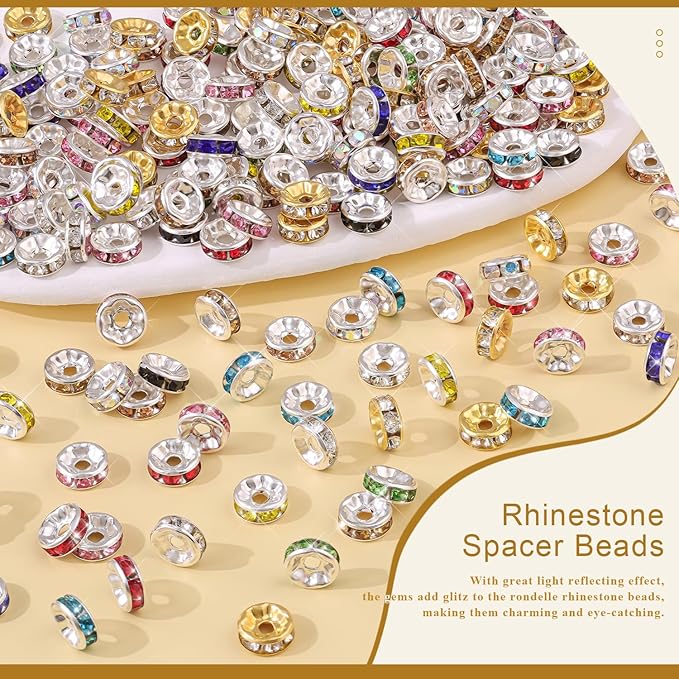 100 pcs 10mm Spacer Beads for Crafting, Silver and Gold Rondelle Beads Bulk, Fancy Sparkle Crystal Rhinestone Spacer Beads for Necklace Bracelet Earring Jewelry Making and Pens DIY