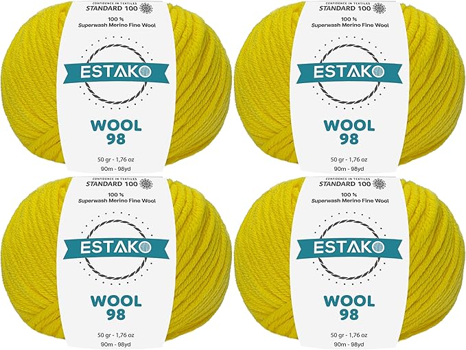Estako Wool 98 (4- Skeins Pack) 100% Superwash Merino Wool Medium Worsted Weight Soft Knitting and Crochet Yarn (4 x 1.76 oz) (4 x 98 yds) (6366-Yellow)
