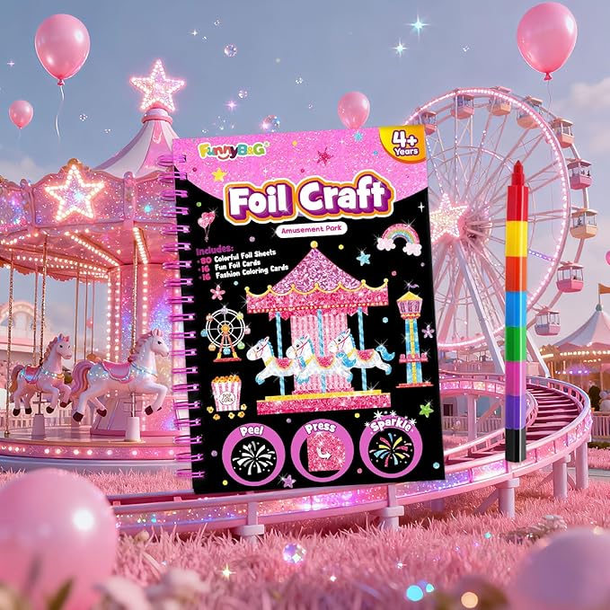 FUNNYB&G Foil Art Craft for Kids - Christmas Crafts Gift Party Favors Stocking Stuffers for Kids Art Supplies Creative Birthday Gift Travel Toys for Girls Boys 4 5 6 7 8 9 Years Old(Amusement Park)