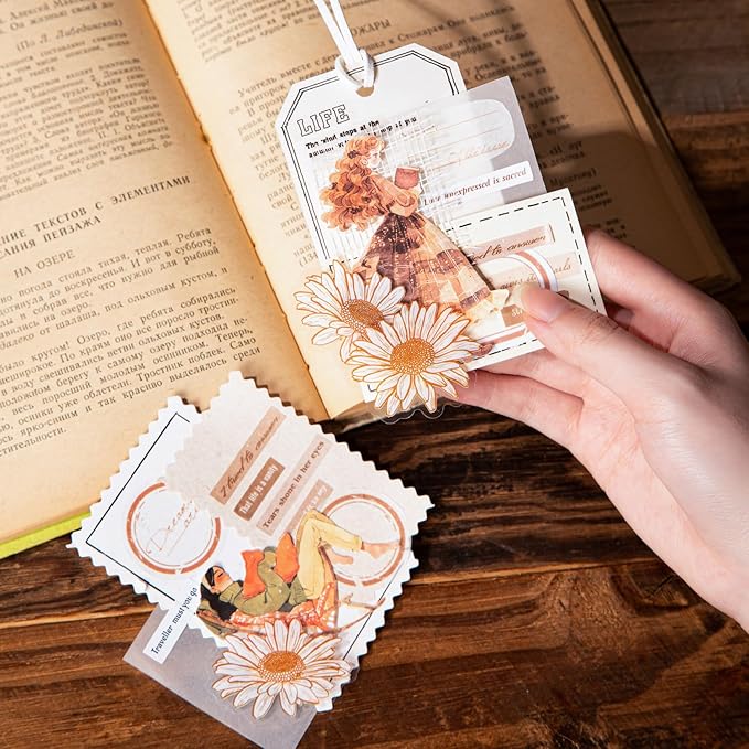 TIAMECH Library Girl Kraft Paper Stickers - 90 Pcs Reading Books Design, Sticker for Journaling & Scrapbooking, Junk Journal Supplies, Ephemera & DIY Crafts