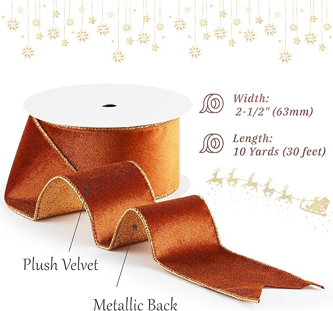 Copper Velvet Wired Ribbon with Glitter Back 2.5 Inch Copper Christmas Ribbon Wired Reversible Ribbon for Christmas Tree, Gift Wrapping, Crafts, Wreaths Supplies, Topper Bows (10 Yards)