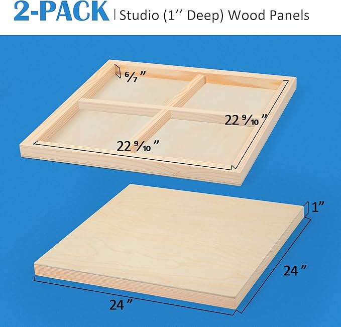 Falling in Art Unfinished Birch Wood Panels Kit for Painting, Wooden Canvas 2 Pack of 24”x24” Studio 1” Deep, Cradle Boards for Pouring, Art, Crafts, Burning and More