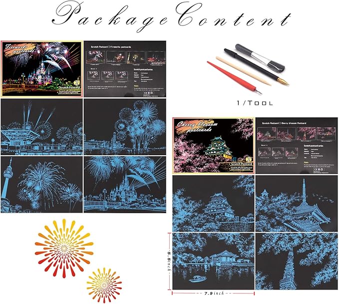 Scratch Rainbow Painting Art Postcards,Scratch & Sketch Art for Kids & Adults,Scratch Painting Creative Gift Engraving Art & Craft Set,Mini Envelope Postcard with 4 Tools,7.9''x5.5''（8 Pack）