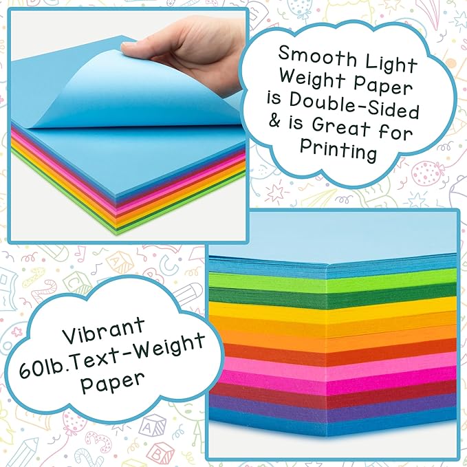 Hygloss Assorted Bright Colored Paper - 24 lb, 89 GSM, Acid-Free, Fade-Resistant, 8.5x11-Inch Letter Size Color Copy Paper, 240 Sheets, 12 Colors