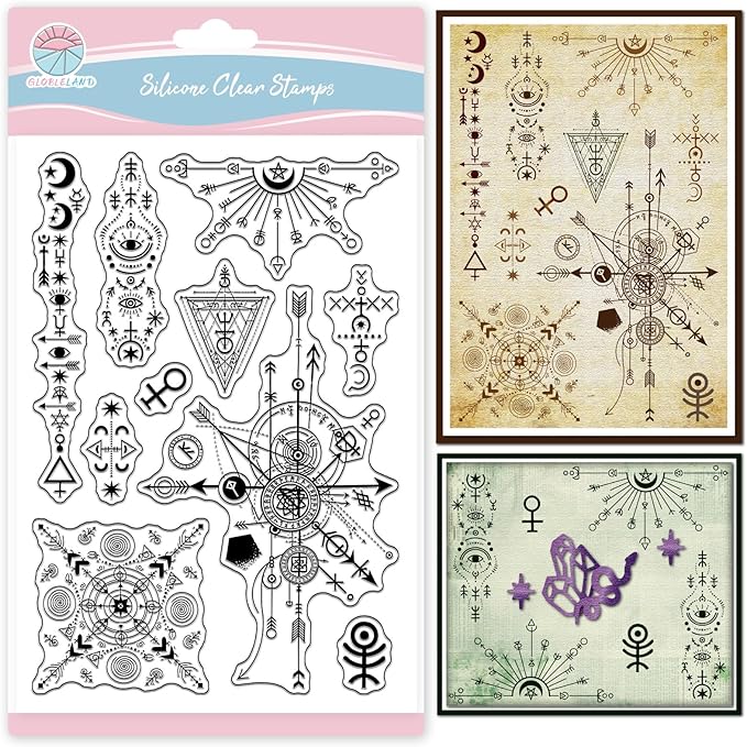 GLOBLELAND Mystical Symbols Background Clear Stamps for Card Making Vintage Background Silicone Clear Stamps Transparent Stamp Seal for DIY Scrapbooking