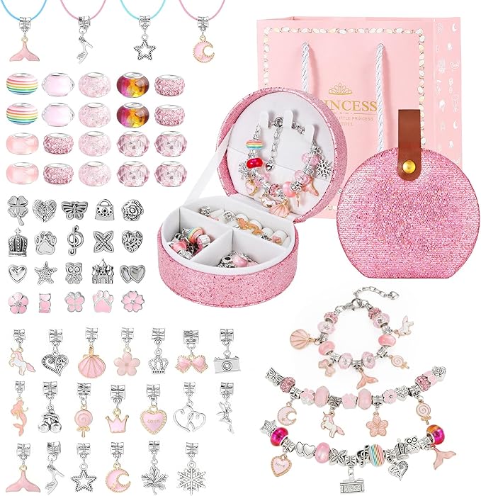 Emibele Girls Charm Beads Bracelet Making Kit with Portable Jewelry Box, Jewelry Making Kit for Kids Age 5 6 7 8-12, DIY Arts Crafts Toys for Teens Girls Gift Choices on Birthday Valentines Christmas