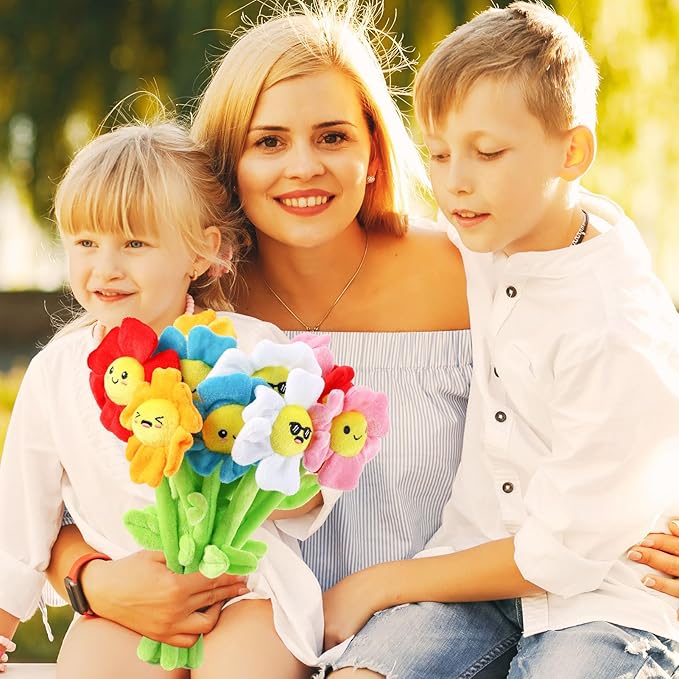 10 Pcs Plush Smile Flower Stuffed Bendable Stems Plush Bouquet Toy Soft Flower 12.6 Inch for Christmas 2025 Mother's Day Girl Girlfriend Wife(Elegant Style)