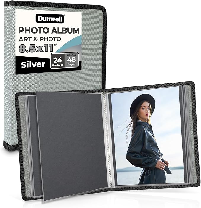 Dunwell Art Portfolio 8.5x11 Folder (Silver), Mounting Paper, Portfolio Binder for Artwork and 8.5 x 11 Documents Art Folder, 24 Pockets Display 48 Pages, Acid-Free Poly Presentation Book