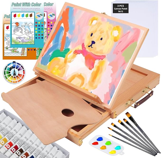 Falling in Art Tabletop Easel Set - 29 Pieces Starter Kit - Artist Acrylic Painting Kit with 12 Acrylic Paints Set, Canvas Panels, Brushes, Wooden Palette for Kids, Adults, Beginners, Professionals