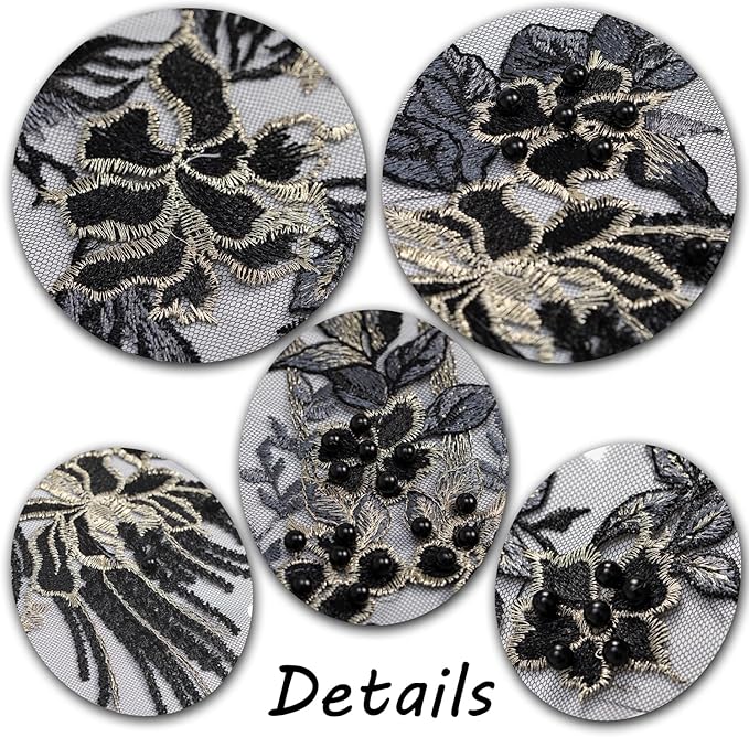 Beaded Pearl Flower Fabric Lace Applique, Floral Embroidered Patches Handmade Sewing Tool for DIY Neckline Bodice Wedding Bridal Prom Dress(Black-Large)