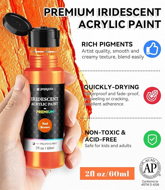 64 PCS Iridescent Acrylic Paint Set with 12 Brushes, 2 Knives & Palette, 48 Colors (2oz/60ml) Art Craft Paint for Adults Kids Artists Beginners, Halloween Pumpkin Canvas Ceramic Rock Painting Kit