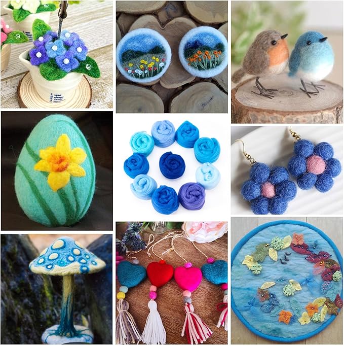 FASHEWELRY 1.76 OZ Wool Felt Kit Blue Theme Needle Felting Wool Roving 10 Colors Nature Wool Roving for Needle Felting Wet Felting DIY Hand Spinning