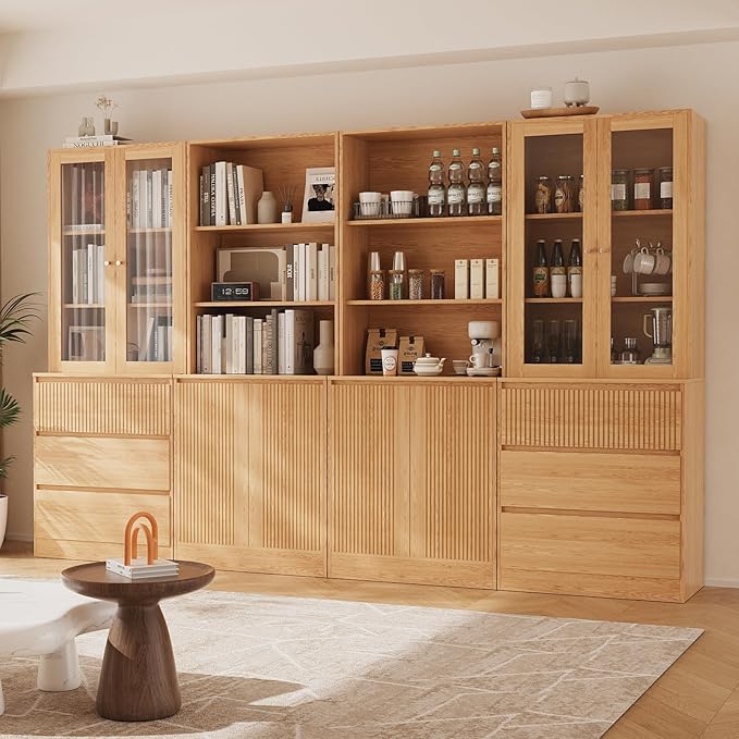 TUSY 71'' Freestanding Tall Storage Cabinet, 5 Tier Wood Bookcase with 3 Drawers and 2 Tempered Glass Doors, Large Floor Cabinet, Combination Storage Shelves for Living Room, Home Office (DCCD)