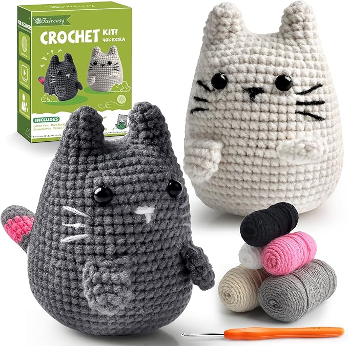 Faircosy Crochet Animals Kit for Beginners: Learn to Crochet Cats with Yarn, Hooks & Video Tutorials - DIY Amigurumi Starter Box - Perfect Christmas Holiday Gift for Teens & Adults