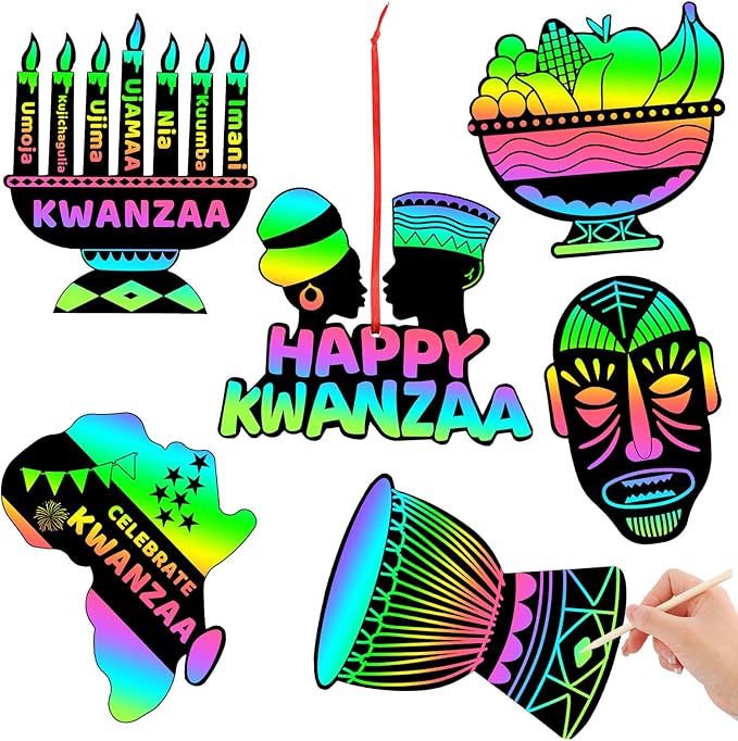 JULMELON 36 PCS Kwanzaa Crafts for Kids, Kwanzaa Magic Rainbow Scratch Art Paper Cards Kwanzaa Gifts for Students School Classroom Activities DIY Crafts Party Favors