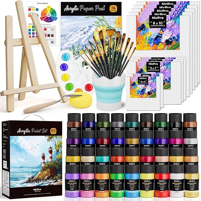 Nicpro Acrylic Paint Canvas Set for Adults, 80PCS Art Painting Supplies Kit with 36 Paints(36ML), Table Wood Easel,10 Canvas Panels,12 Paint Brushes,Paper Pad, Cup, Palette for Beginner Artist Adults