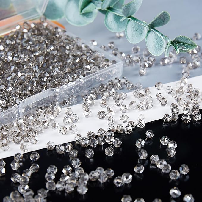 1200PCS 3mm Bicone Crystal Glass Beads for Jewelry Making, Sparkling Mini Beads for Suncatchers, DIY Bracelets & Craft Projects (Grey)