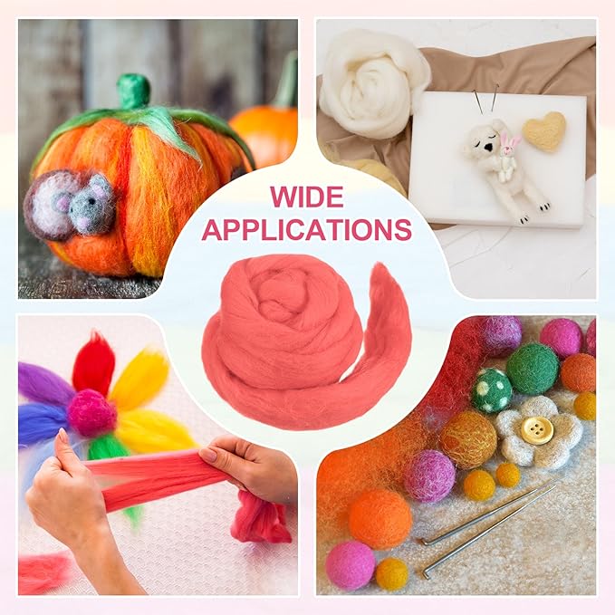 MECCANIXITY Wool Roving Yarn Soft Felting Wool 50g/1.76oz Pure Chunky Roving Yarn for Needle Felting Knitting Blanket Spinning Weaving Art DIY Craft Peach