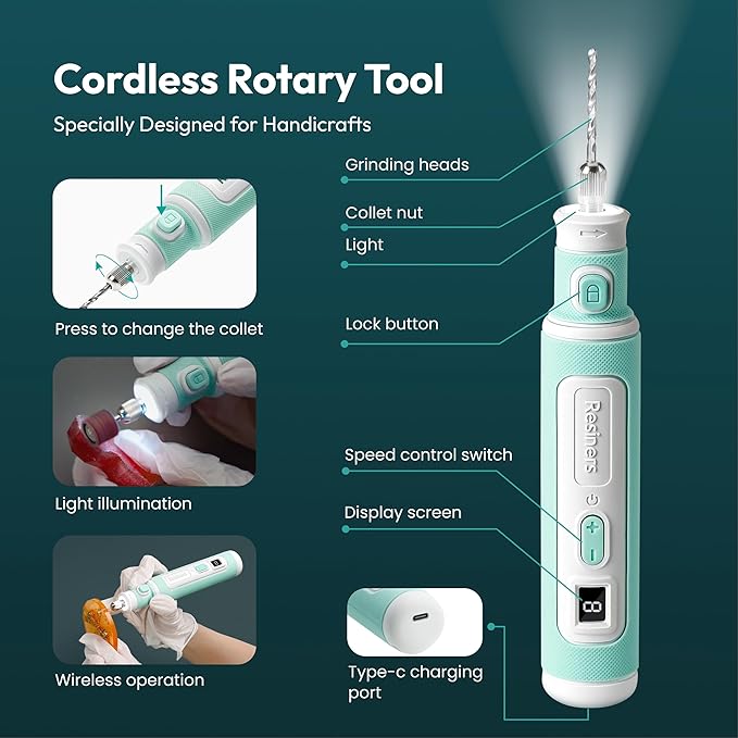 Resiners Electric Resin Drill Pen, Cordless Rotary Tool Kit, 8-Speed Adjustable, Rechargeable 15pcs Jewelry Making Kit with Light Illumination for Resin Molding, Plastic, Wooden DIY Crafts