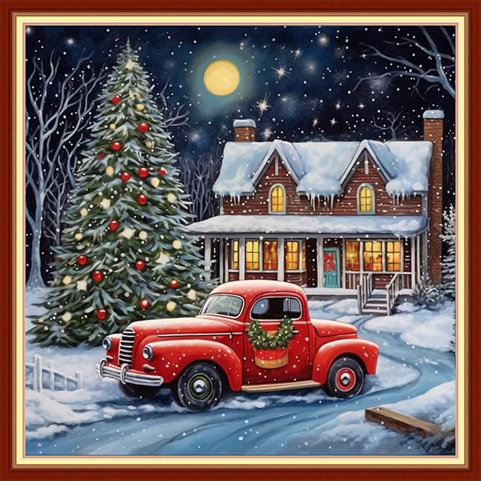 Findvoor Stamped Cross Stitch Kits for Beginner Embroidery Kits for Beginners Adults DIY 11CT Cross Stitch Patterns Needlepoint Kits Crossstitching Kits-Christmas Tree Scene 18x18 inch