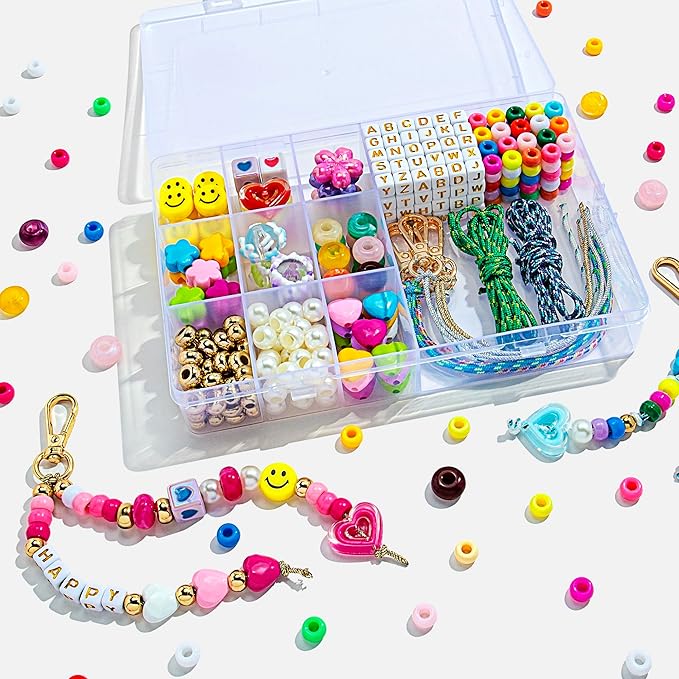 MYCUTEY 421Pcs DIY Keychain Making Kit - Beaded Keychain & Bag Charm Craft Supplies with Colorful Beads, Cords and Acrylic Heart Flower Charms for Kids, Personalized Alphabet A-Z Name Making Kit Gifts