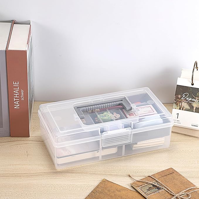 JUXYES Plastic Carry Storage Box with Removable Dividers, Clear Art Craft Supply Storage Bin Sewing Box With Handle Lid, 2 Layers Stationery Storage Case for School/Office Supplies