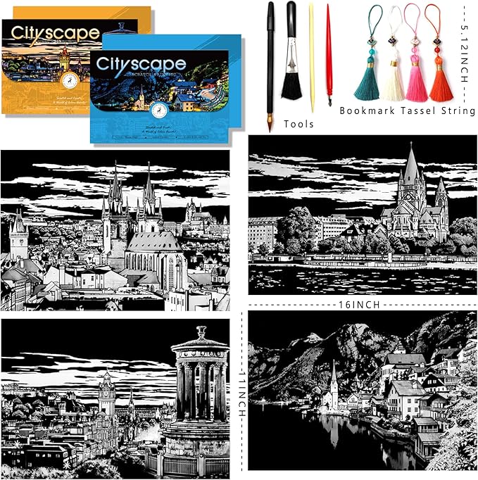 Scratch Art for Adults-Scratch Painting Craft Kit (4 Sheets 16x11 in)|Foil Engraving Art Set|Stress Relief Gift for Travel Lovers,Craft Lovers|Creative Scratch Art Home Decor(City Scape 1)
