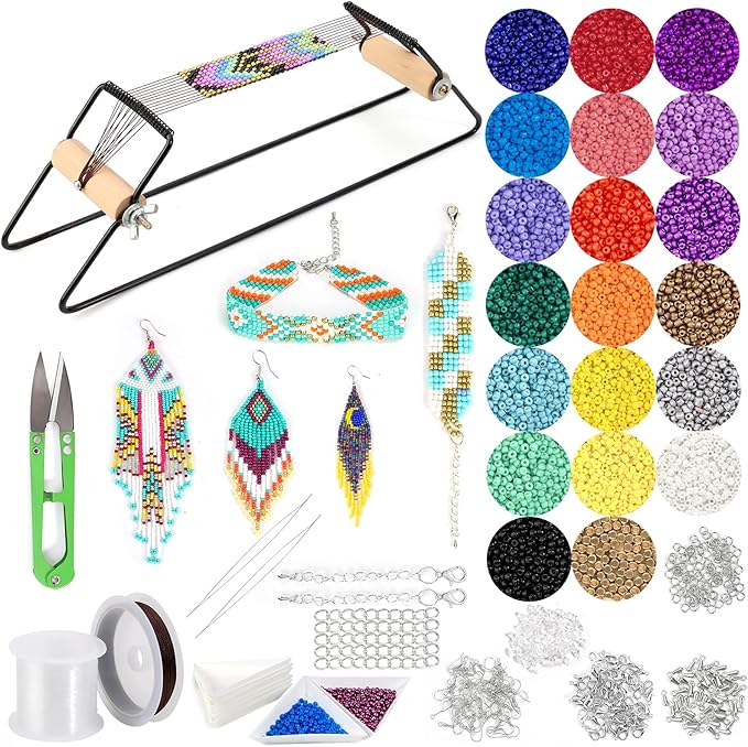 PP OPOUNT Bead Loom Kit, Beading Supplies with 9700 PCS Seed Beads, Tray, Scissors Making Accessories, Beading Loom Kits for Adults Jewelry Making Bracelets Belts