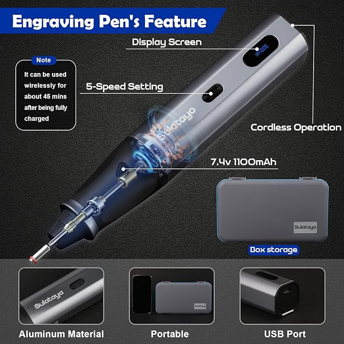 Customizer Engraving Pen for All Materials - Cordless Engraving Pen for Metal, Wood, Glass & Plastic(with Box), Electric Engraver Tool with 45 Bits - USB Rechargeable & Max 28000RPM Adjustable 5 Speed