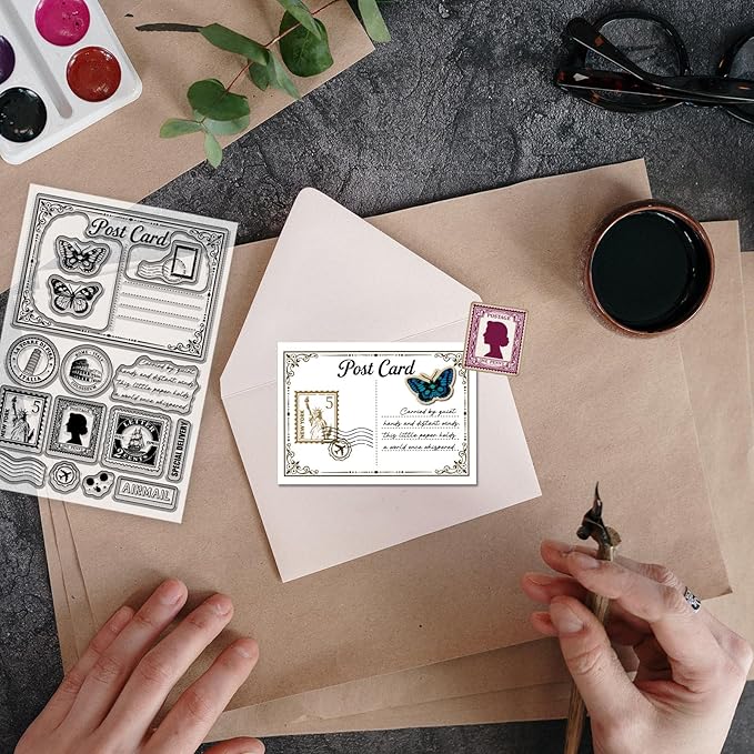 GLOBLELAND Vintage Butterfly Postcard Clear Stamps for Cards Making and Journaling Retro Airmail Transparent Stamp Silicone Stamps Seal for DIY Scrapbooking Embossing Photo Album Decor