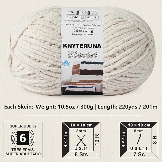 #6 Super Bulky Blanket Yarn for Crocheting - 4 Skeins(Each 10.5oz/300g, 220yds/201m), Chunky Chenille Thick Plush Big Soft Yarn for Crocheting Knitting Blankets, Beige White